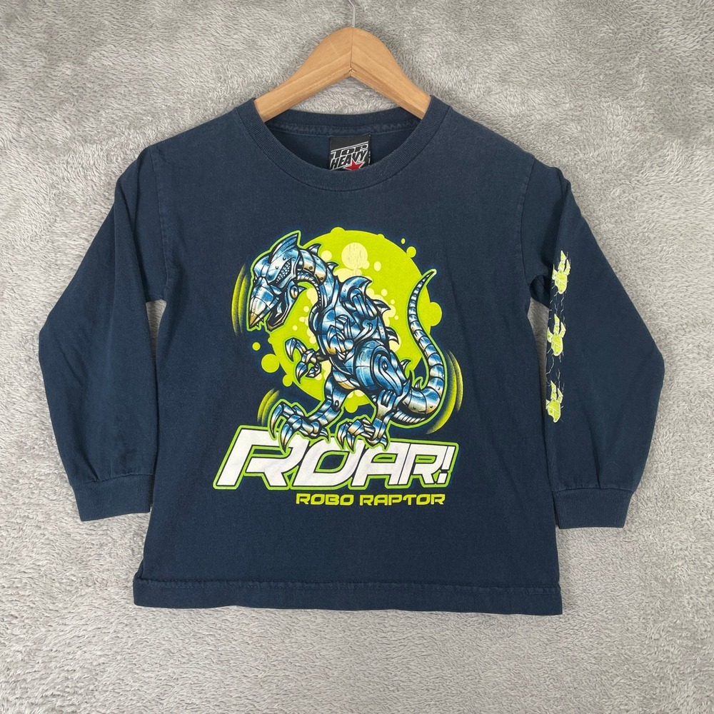 Top Heavy Robo Raptor Shirt Kids Medium 5/6 Blue Long Sleeve Graphic Dinosaur